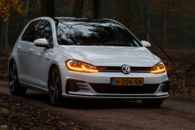 Gündüz vakti güz ormanlarından geçen modern bir araba. 