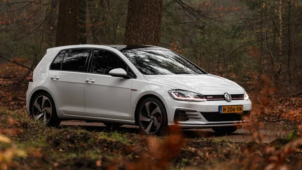 Moderne Auto Gaat Overdag Door Het Herfstbos — Stockfoto