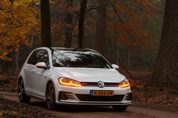 Auto Moderna Che Attraversa Foresta Autunnale Giorno — Foto Stock