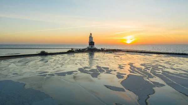 Maják Paard Zimní Krajině Van Marken Netherlands Ithe Selmeer Zamrzlý — Stock fotografie