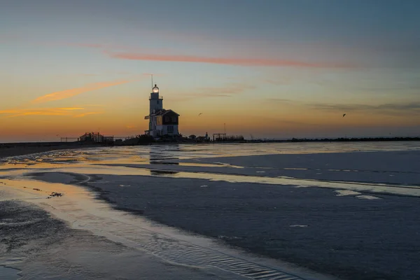 Maják Paard Zimní Krajině Van Marken Netherlands Ithe Selmeer Zamrzlý — Stock fotografie