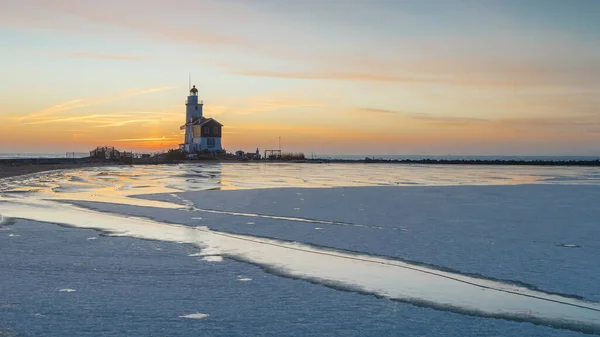 Lighthouse Paard Winter Landscape Van Marken Netherlands Ijsselmeer Frozen Strong — Stock Photo, Image