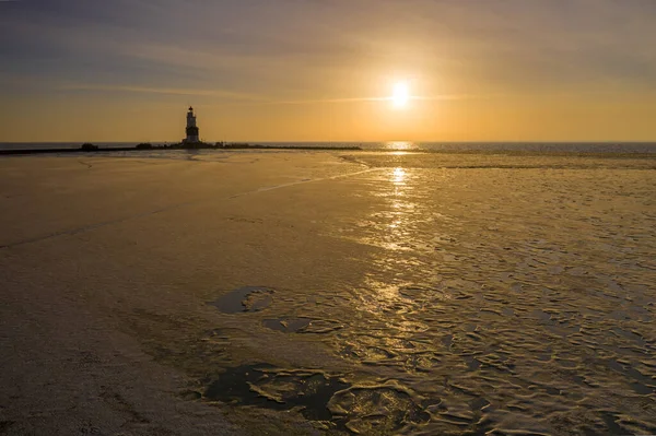 Lighthouse Paard Winter Landscape Van Marken Netherlands Ijsselmeer Está Congelado —  Fotos de Stock