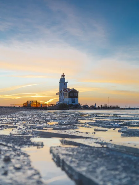 Maják Paard Zimní Krajině Van Marken Netherlands Ithe Selmeer Zamrzlý — Stock fotografie