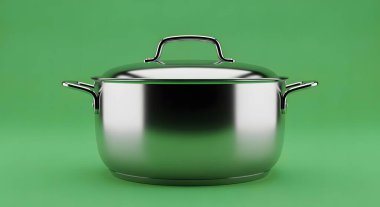 A clean, reflective stainless steel cooking pot with a lid and handles, isolated on a vibrant green background.