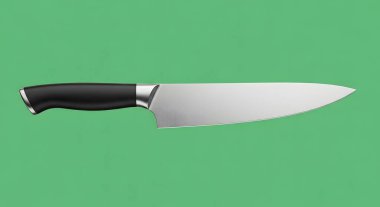 A sharp, high-quality chefs knife with a gleaming silver blade and a comfortable black handle, isolated on a vibrant green backdrop.