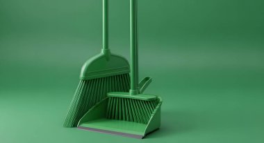 A clean and modern image of a green broom and dustpan, presented in a minimalist style against a solid green backdrop.