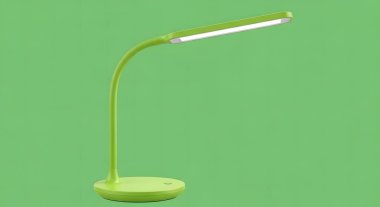 A contemporary green LED desk lamp featuring a flexible gooseneck arm and a circular base, perfect for study or office spaces.