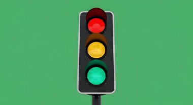 A vertical traffic light displaying red, yellow, and green lights against a solid green background.