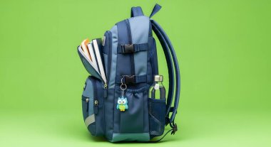 A navy blue backpack with multiple compartments and a small owl charm is showcased against a vibrant green backdrop.