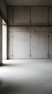 Beton duvarları ve zemini olan loş, boş bir sanayi odası. Duvarın tepesinde metal bir kapı ve çitle çevrili..