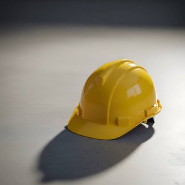 Sarı bir inşaat başlığı gri bir yüzeye gölge düşürüyor. Güvenlik ve sanayiyi simgeliyor..