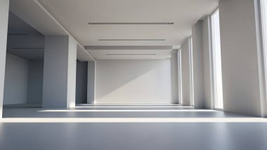 Beyaz duvarları ve parlak bir atmosferi olan minimalist bir ofis.