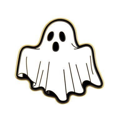 Metalik cadılar bayramı rozetinde beyaz arka planda sevimli bir hayalet var. Ürkütücü tasarımlar, Cadılar Bayramı koleksiyonları, çıkartmalar, posterler ve şenlikli grafik projeler için mükemmel..