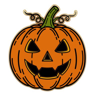 Metalik cadılar bayramı rozetinde beyaz kare arka planda kızgın turuncu bir balkabağı var. Ürkütücü tasarım projeleri, Cadılar Bayramı çıkartmaları, ikonlar ve festival grafik koleksiyonları için mükemmel..