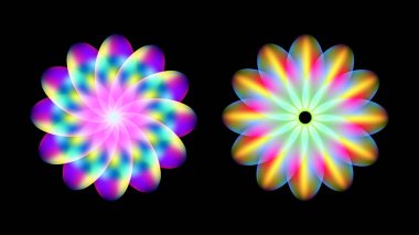 Gökkuşağı gradyan efektli soyut canlı çiçek şekilleri, dinamik ve modern bir sanat eseri yaratıyor, dijital arkaplan vektörü için mükemmel.