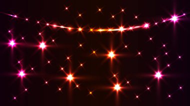 Karanlık bir arkaplan, bir sürü parlayan ışık, bazıları bulanık ve bazıları da yıldız patlaması etkisi ile keskindir. Işıklar çeşitli pembe, turuncu ve sarı tonlardadır ve bazı bölgelerde birbirlerine asılmış gibi görünürler..