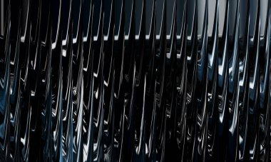 Karanlık, parıldayan, dikey, yansıtıcı çizgilerle parıldayan bir perdenin yakın plan görüntüsü desenli, soyut bir arkaplan oluşturuyor..