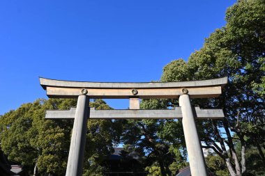 Güneşli bir günde, Meiji Jingu tapınağının Torii kapısı, Shibuya, Tokyo, Japonya, 26 Şubat 2024