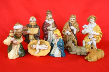 Kızıl Arkaplanda Noel Doğumu Sahnesi Süslemeleri