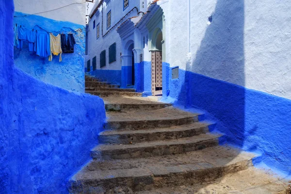 Veduta Delle Pareti Blu Del Quartiere Medina Chefchaouen Marocco Città — Foto Stock