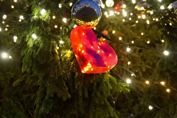 Beautiful Close View Christmas Tree Branches Shining Balls Reflection Old — Stock Photo, Image