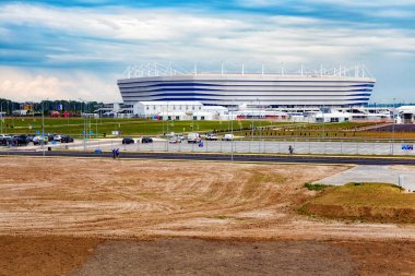 KALININGRAD, RUSSIA - 13 Haziran 2018: Rusya 'da oynanan 2018 FIFA Dünya Kupası karşılaşmaları için modern Kaliningrad futbol stadyumunun (ayrıca Arena Baltika olarak da bilinir) görünümü.