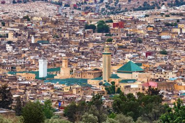FEZ, MOROCCO - HAZİRAN 02, 2017: Fez el Bali Medina 'daki ünlü el Kaide Üniversitesi ve Moulay İdris II' li Zawiya 'nın havadan görünüşü. 