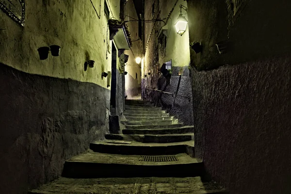 Vista Nocturna Medina Chefchaouen Marruecos Ciudad Conocida Por Sus Edificios — Foto de Stock