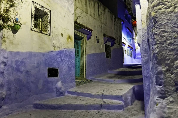 Vista Nocturna Medina Chefchaouen Marruecos Ciudad Conocida Por Sus Edificios — Foto de Stock