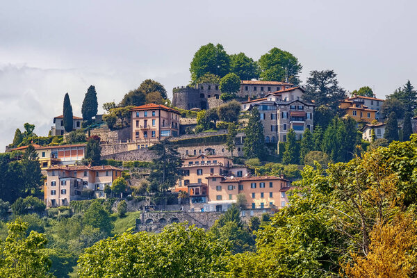 View of the historical buildings in the old town of Bergamo in northern Italy. Bergamo is a city in the alpine Lombardy region.