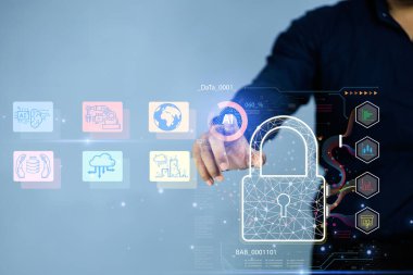 Bir işadamı, modern iş yerlerinde yapay zekanın (AI) uygulamasını gösteren gelecekteki dijital arayüzle etkileşime girer. Bu kavramsal görüntü yeniliği, veri analizini temsil eder..