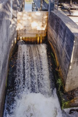 Küçük bir hidroelektrik santralinin bir parçası olan nehir kanalına su sızdıran dikey bir sızıntı. Fotoğraf kontrollü su akışının gücünü ve dinamiklerini gösteriyor..