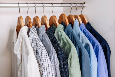 Renk tonlarına göre düzenlenmiş temiz bir gömlek seçimi. Parlak, düzenli bir dolabın içindeki ahşap askılarda sergileniyor..