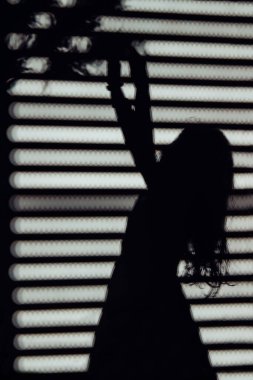 Pencerenin arkasında duran genç bir kızın silueti dramatik gölge desenleriyle kör olur. Çocukluk kavramı, duygular, mahremiyet, ışık ve gölge. Minimalist karamsar arkaplan.