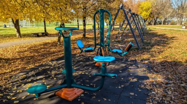 Altın sonbahar yaprakları, ağaçlar ve güneş ışığıyla çevrili bir parkta halka açık bir spor salonunda. Egzersiz makineleri ve parlak mevsimlik atmosferi olan huzurlu fitness alanı
