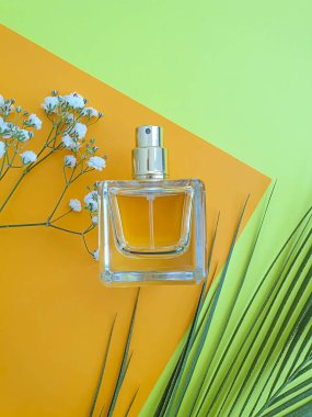 Renkli arka planda bir şişe parfümü çiçeği.