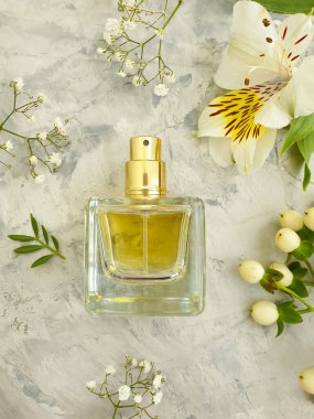 Beton bir arka planda şişe parfümü çiçeği