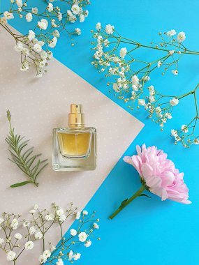 Renkli arka planda bir şişe parfümü çiçeği.