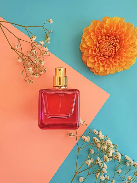 Fles Parfum Bloem Een Gekleurde Achtergrond — Stockfoto