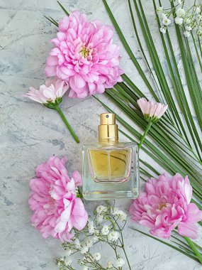 Beton bir arka planda şişe parfümü çiçeği