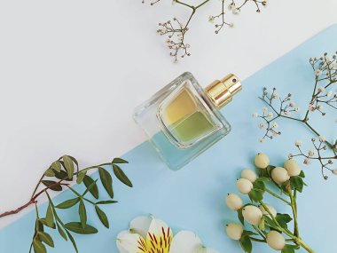 Renkli arka planda bir şişe parfümü çiçeği.