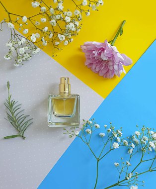 Renkli arka planda bir şişe parfümü çiçeği.