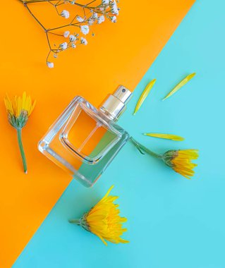 Renkli arka planda bir şişe parfümü çiçeği.