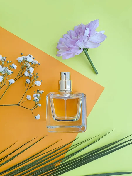 Bouteille Parfum Fleur Sur Fond Coloré — Photo