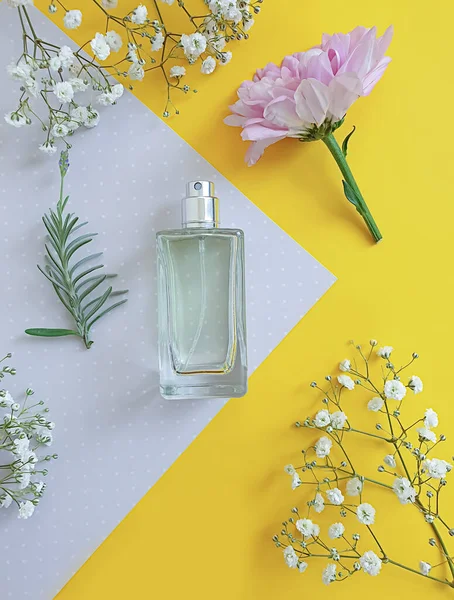 Flasche Parfüm Blume Auf Einem Farbigen Hintergrund — Stockfoto