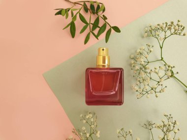 Renkli arka planda bir şişe parfümü çiçeği.