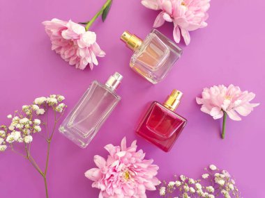 Renkli arka planda bir şişe parfümü çiçeği.