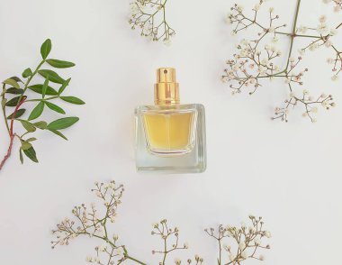 Renkli arka planda bir şişe parfümü çiçeği.