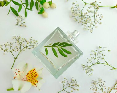 Renkli arka planda bir şişe parfümü çiçeği.